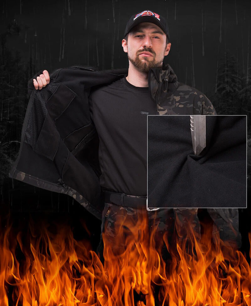 Men's military tactical warm jacket SF0424 with hood and pockets, shown in action, highlighting durable design and thermal features.